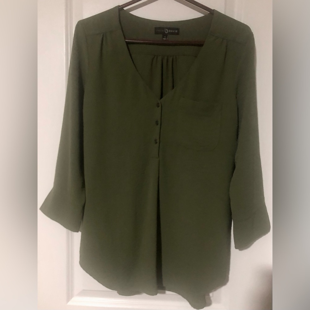 Fred David Olive Green V-Neck Button Front Blouse